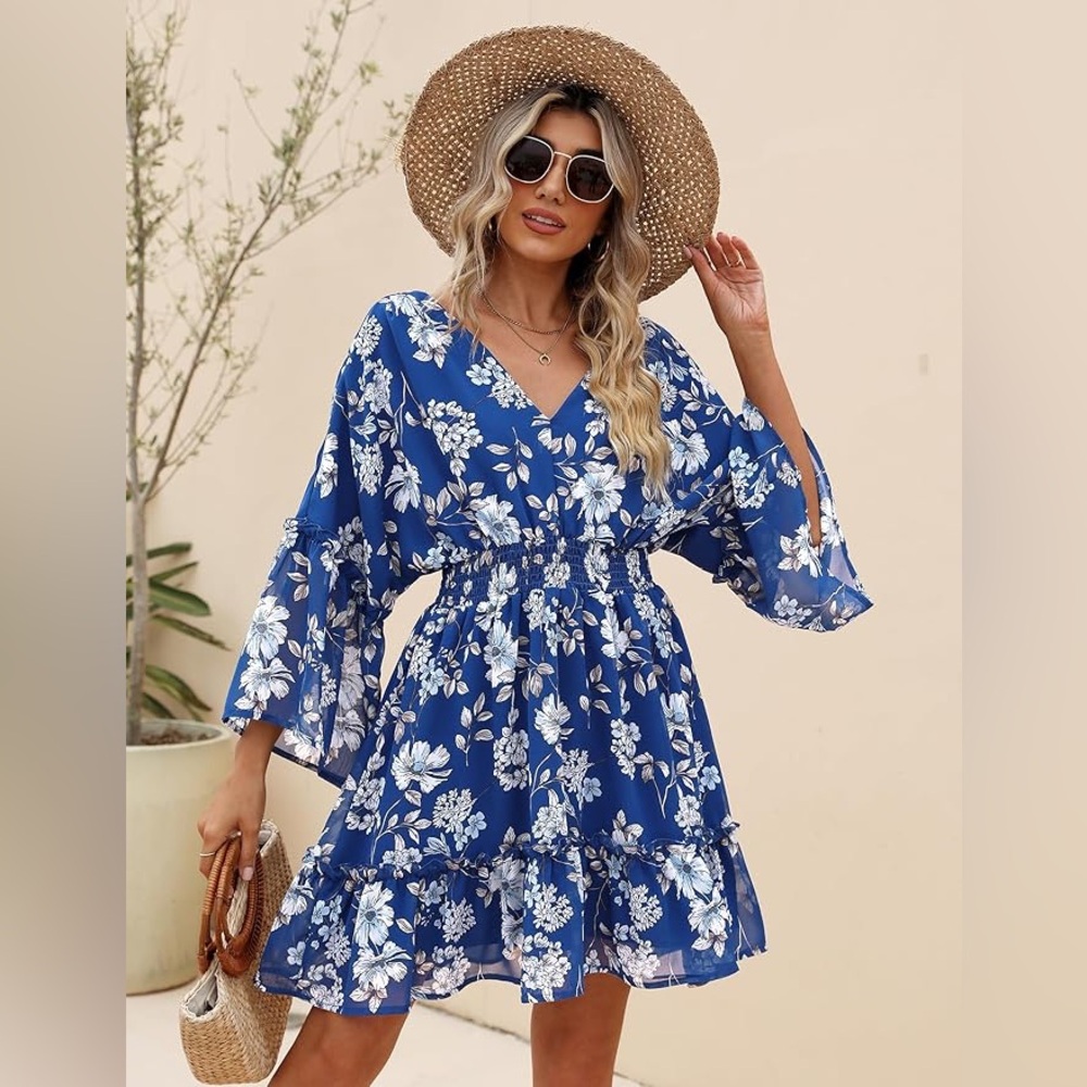 Floral Blue Long Sleeve Dress
